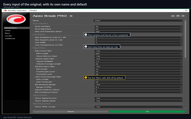 Apex Break PRO for cTrader: Every input of the original, with its own name and default