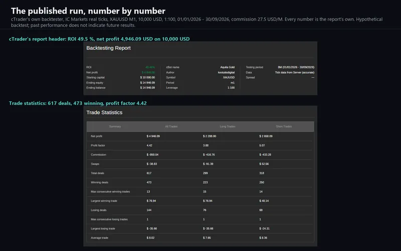 Aquila Gold for cTrader: the backtest report header and statistics