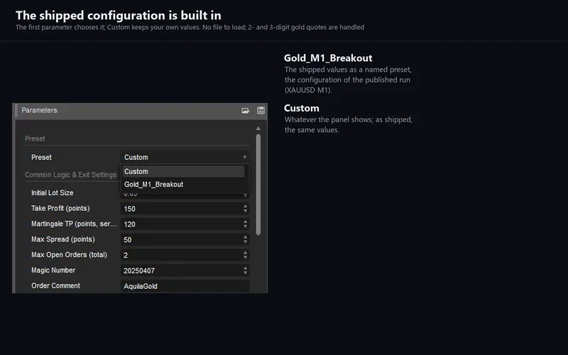 Aquila Gold for cTrader: the preset list
