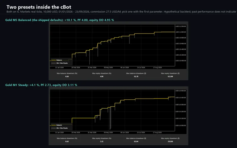 Blaze Synchro for cTrader: the two presets' backtests