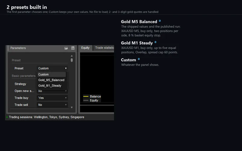 Blaze Synchro for cTrader: the preset list