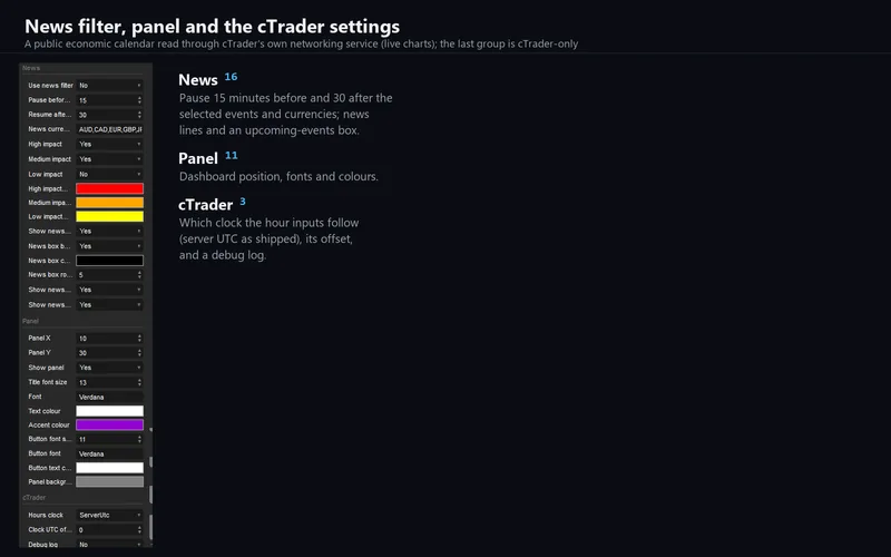 Blaze Synchro for cTrader: the news filter and panel parameters