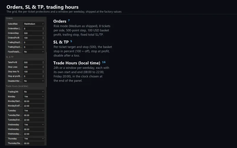 Bullion Horizon for cTrader: the grid and protection parameters