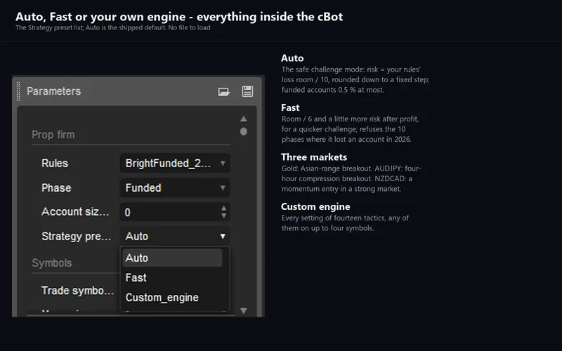 Cross Pair Forge for cTrader: the Strategy preset list