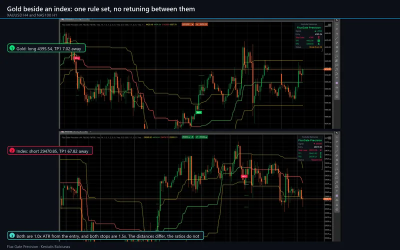 Flux Gate Precision for cTrader: Gold beside an index: one rule set, no retuning between them