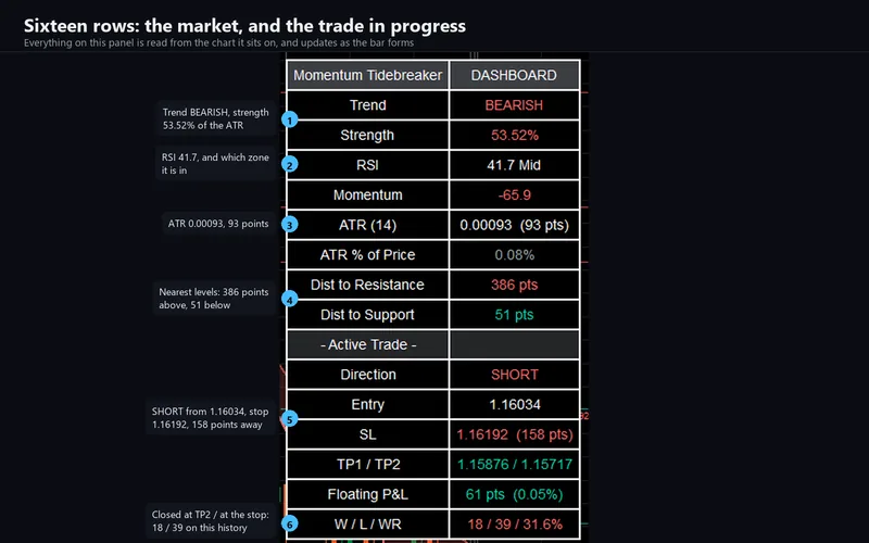 Momentum Tidebreaker for cTrader: Sixteen rows: the market, and the trade in progress