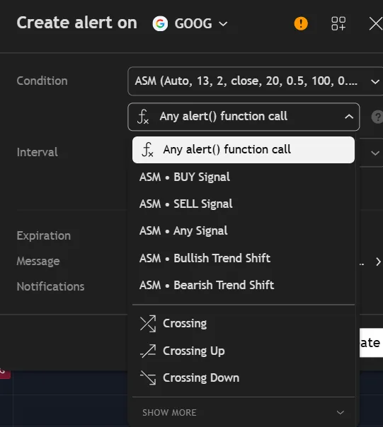 The TradingView alert dialog listing the Algo Shadow Matrix alert conditions, next to the five alert events and a sample webhook message