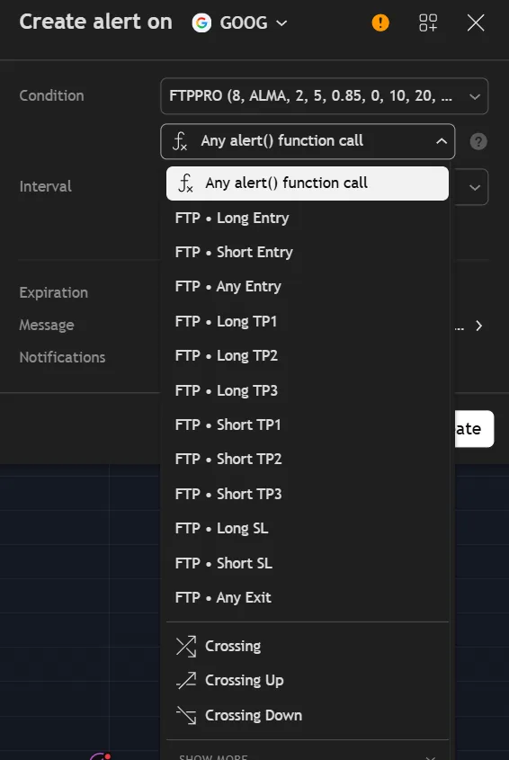 The TradingView alert dialog listing the Flintridge Trader Pro alert conditions