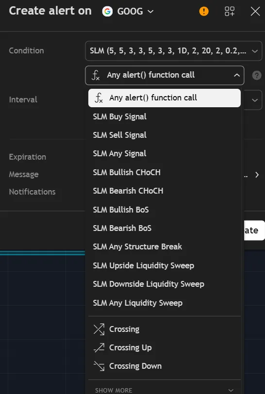 The TradingView alert dialog listing the Smart Liquidity Matrix alert conditions